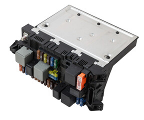 Metallic car engine control unit with plastic elements soaring on a white isolated background is...