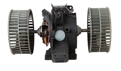 Heater fan - spare part and element of car air conditioning system on white isolated background. Auto service industry. Spare parts catalog.