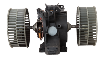 Heater fan - spare part and element of car air conditioning system on white isolated background. Auto service industry. Spare parts catalog.