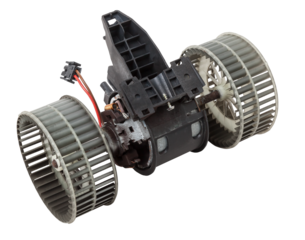 Heater fan - spare part and element of car air conditioning system on white isolated background. Auto service industry. Spare parts catalog.