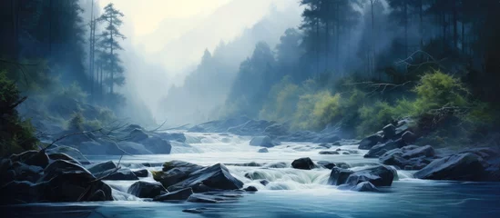 Foto auf Alu-Dibond A painting depicting a majestic river flowing through a dense forest. The river is the focal point, surrounded by lush green trees and a mysterious mist hovering over the water. © 2rogan