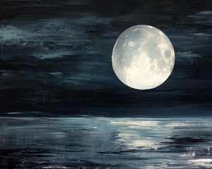 Dark Body of Water Under the Moonlight, Moody Oil Painting