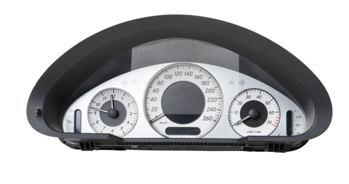 The dashboard of the car with white arrows with a speedometer, tachometer and other tools to monitor the condition of the vehicle in modern style on white isolated background