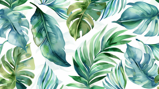 A painting of green leaves with a blue background