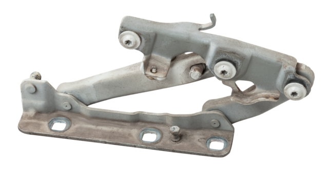 Pair of hinges for attaching the hood or trunk of the car on a white isolated background. Auto parts for catalog and repair of vehicles.