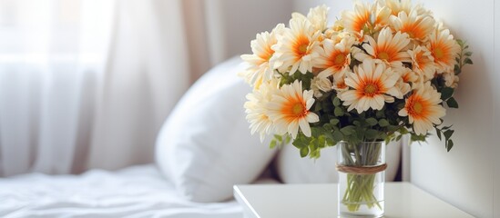 A vase filled with a bouquet of beautiful daisy flowers sits on a nightstand in a bedroom. The daisies add a touch of freshness and nature to the rooms decor.