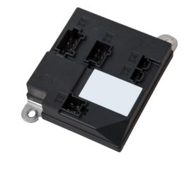 Metallic car engine control unit with plastic elements soaring on a white isolated background is connecting center of various subsystems, units and assemblies. Spare part.