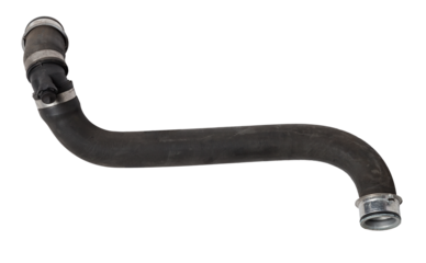 Black rubber hose of the car engine cooling system on a white isolated background in a photo studio for replacement during repair or for a catalog of spare parts for sale on auto disassembly.