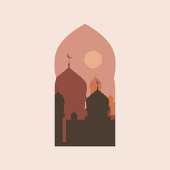 Mosque Vector Illustration,. Ramadan Kareem Eid Mubarak abstract vector design. Modern illustration with window, arch, mosque dome, crescent moon. Islamic backgrounds for greeting cards, posters