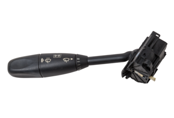 Steering wheel switches for windshield wipers and turn signals with steering angle sensor disassembled on a white isolated background, spare part for car repair or for sale at junk yard.