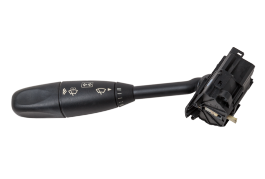 Steering wheel switches for windshield wipers and turn signals with steering angle sensor disassembled on a white isolated background, spare part for car repair or for sale at junk yard.