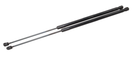 A pair of black metal hood shock absorbers with chrome elements - detail of a car mechanism on a white isolated background. Spare parts for body repair.