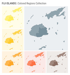 Fiji map collection. Country shape with colored regions. Blue Grey, Yellow, Amber, Orange, Deep Orange, Brown color palettes. Border of Fiji with provinces for your infographic. Vector illustration.