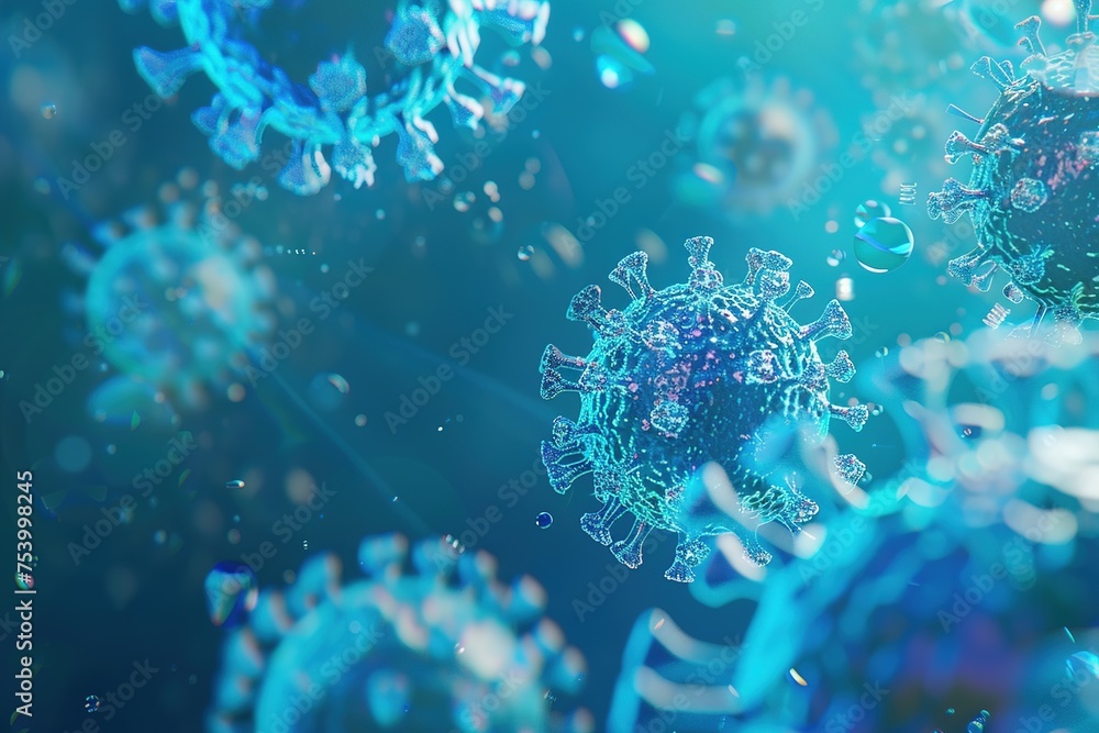 Poster isolated virus, blue background science theme 3d rendering concept scientific image microscopic view