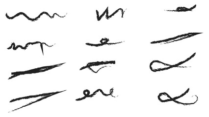 Grunge scrawls, charcoal scribbles, rough brush strokes, underlines strikethroughs. Bold charcoal freehand stripes and ink shapes. Crayon or marker scribbles. brush stroke. Vector illustration