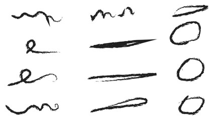 Grunge scrawls, charcoal scribbles, rough brush strokes, underlines strikethroughs. Bold charcoal freehand stripes and ink shapes. Crayon or marker scribbles. brush stroke. Vector illustration