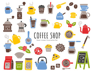 カフェ・コーヒーショップの道具や小物の手書きベクターイラストセット／コーヒーカップ・豆など
