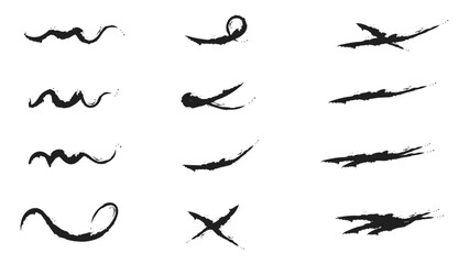 Grunge scrawls, charcoal scribbles, rough brush strokes, underlines strikethroughs. Bold charcoal freehand stripes and ink shapes. Crayon or marker scribbles. brush stroke. Vector illustration