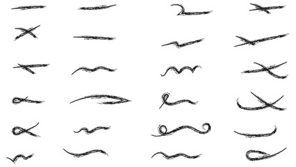 Grunge scrawls, charcoal scribbles, rough brush strokes, underlines strikethroughs. Bold charcoal freehand stripes and ink shapes. Crayon or marker scribbles. brush stroke. Vector illustration