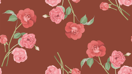 Floral seamless pattern, pink and red roses on red background - 753998482