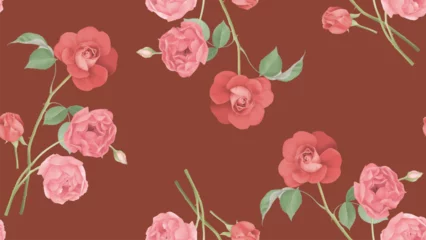 Foto auf Acrylglas Floral seamless pattern, pink and red roses on red background © momosama