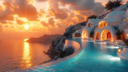 Beautiful images of homes and hotels on the hillsides of Santorini Greece - obrazy, fototapety, plakaty
