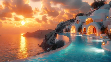 Rolgordijnen Beautiful images of homes and hotels on the hillsides of Santorini Greece © EnioRBC