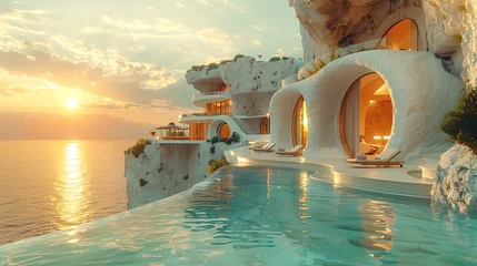 Fototapeten Beautiful images of homes and hotels on the hillsides of Santorini Greece © EnioRBC