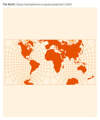 World Map. Guyou hemisphere-in-a-square projection. Solid style. High Detail World map for infographics, education, reports, presentations. Vector illustration.