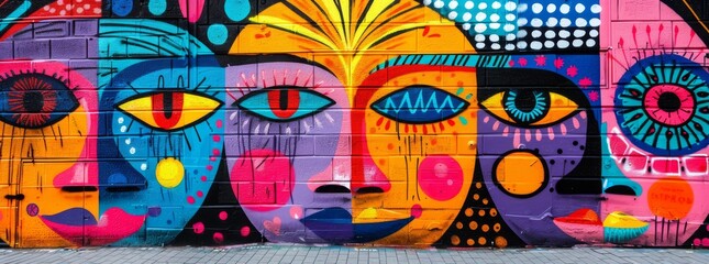 Colorful street art mural with abstract facial features and vibrant patterns on a city wall.