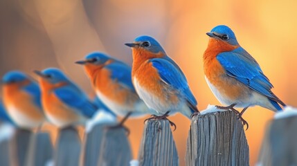 A lineup of Eastern Bluebirds on a wooden fence against an orange hued backdrop.