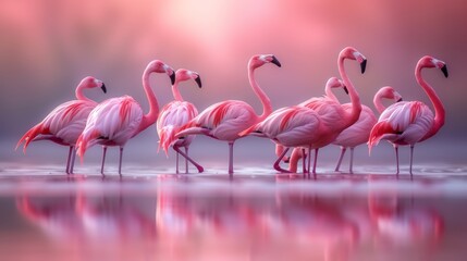 A line of elegant flamingos standing in water with a soft, rosy glow of the setting sun.