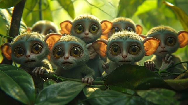 A family of bush babies nestled in verdant foliage, a tender moment in the wild.
