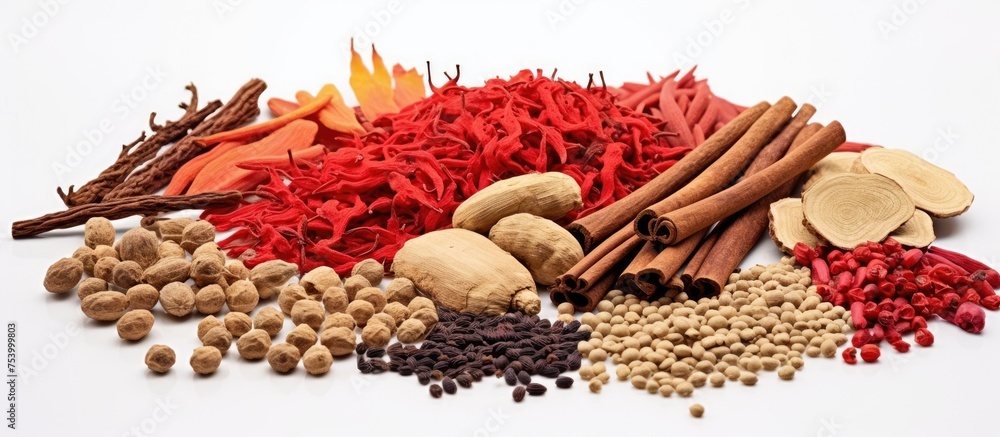 Poster a collection of assorted spices arranged in a pile on a clean white surface. the spices are colorful