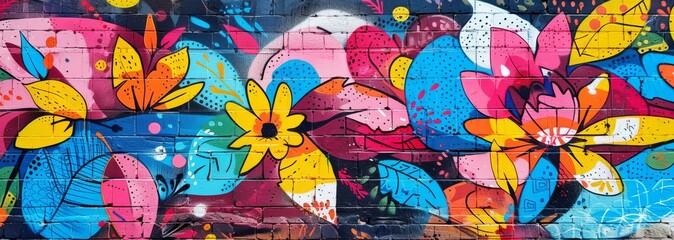 Colorful floral graffiti mural with vibrant blooms and foliage on an urban street wall.