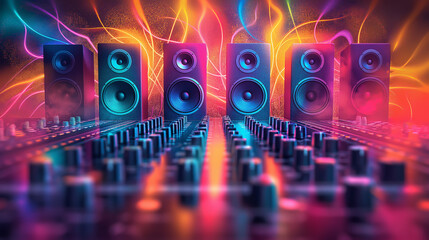 Music sounds speaker system on colorful bokeh background, infront of sound equipment control...
