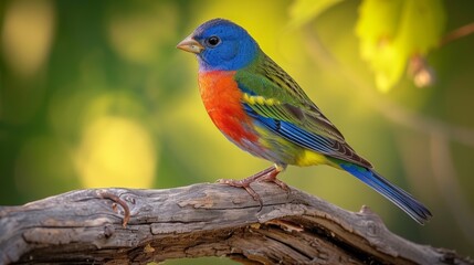 Bright painted bunting standing on a weathered log, ideal for natural world concepts.