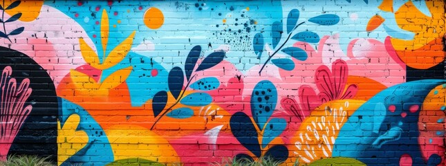 Whimsical and vibrant floral street art mural with a variety of colorful plants and abstract patterns on a city wall.
