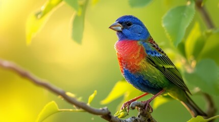 Painted bunting perched on a branch with green leaves, perfect for springtime wildlife.
