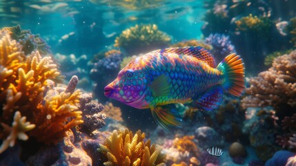 Vibrant parrotfish among coral reefs in sunlit tropical waters, ideal for marine life themes.