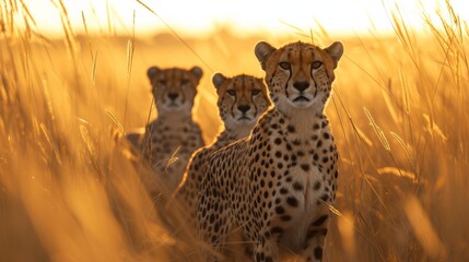 Three cheetahs poised in golden savannah grasses during a vibrant sunset. - obrazy, fototapety, plakaty
