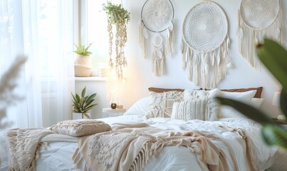 White handmade dreamcatcher in bedroom. Interior decoration. Beautiful dream catcher inside white room at home - obrazy, fototapety, plakaty