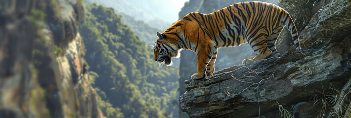 Fototapeta na wymiar tiger on the edge of an alpine cliff, generative AI