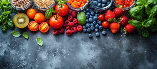 Healthy food selection on gray concrete background