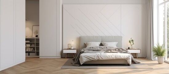 A modern bedroom featuring a white comfortable bed placed on a parquet floor near a white wooden wardrobe. The room has white walls and a large window that allows plenty of natural light to enter.