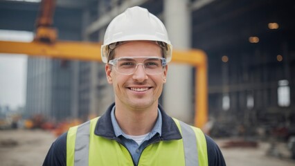 A man wearing a yellow vest and a hard hat is smiling