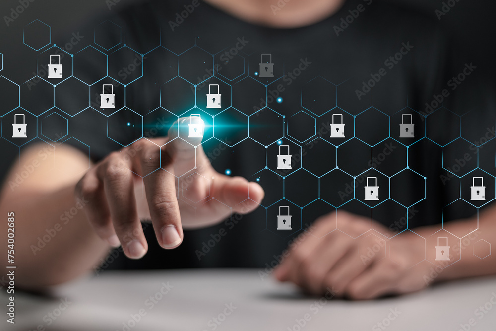 Poster cybersecurity and privacy concept, protection network security and information security system. prot