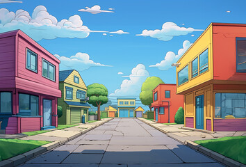 Cartoon drawing of the two story building exteriors of an imaginary commercial district on either side and an empty street.