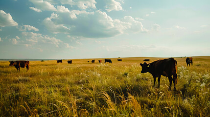 cattle grazing on open prairies - AI Generated - obrazy, fototapety, plakaty