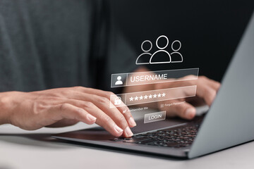 Cyber security concept. Information security and encryption. Person using laptop to login and...
